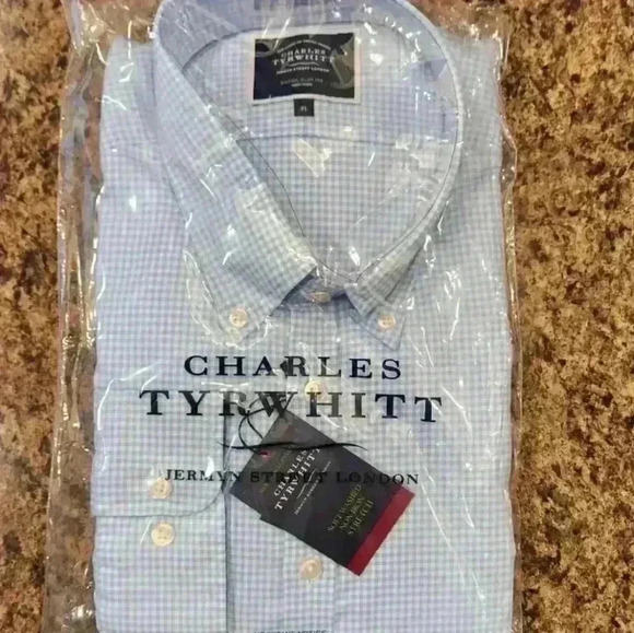 Charles Tyrwhitt Sky Blue Gingham Checked Slim Fit Soft Washed Stretch Shirt - Picture 1 of 4